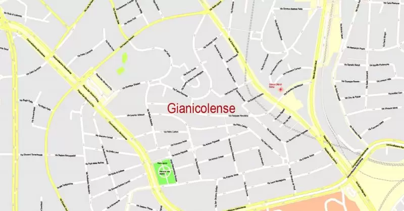 Printable Map Rome, Italy, exact vector street G-View Level 17 (100 meters scale) map, V.14.12. fully editable, Adobe Illustrator, full vector, scalable, editable text format of street names, 14 Mb ZIP.