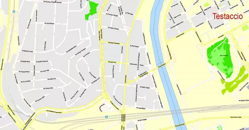 Printable Map Rome, Italy, exact vector street G-View Level 17 (100 meters scale) map, V.14.12. fully editable, Adobe Illustrator, full vector, scalable, editable text format of street names, 14 Mb ZIP.