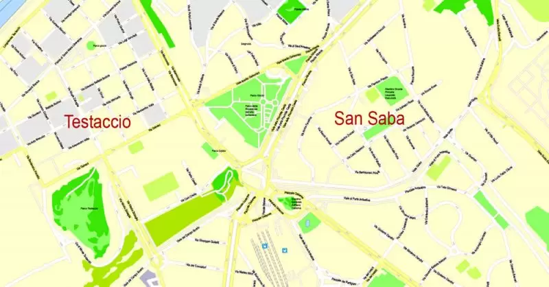Printable Map Rome, Italy, exact vector street G-View Level 17 (100 meters scale) map, V.14.12. fully editable, Adobe Illustrator, full vector, scalable, editable text format of street names, 14 Mb ZIP.