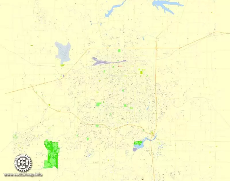 Printable Map Springfield, Missouri, US, exact vector street G-View Level 17 (100 meters scale) map, V.16.12. fully editable, Adobe Illustrator, full vector, scalable, editable text format of street names, 4 Mb ZIP.