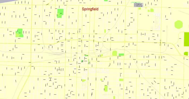 Printable Map Springfield, Missouri, US, exact vector street G-View Level 17 (100 meters scale) map, V.16.12. fully editable, Adobe Illustrator, full vector, scalable, editable text format of street names, 4 Mb ZIP.
