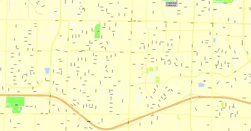 Printable Map Springfield, Missouri, US, exact vector street G-View Level 17 (100 meters scale) map, V.16.12. fully editable, Adobe Illustrator, full vector, scalable, editable text format of street names, 4 Mb ZIP.