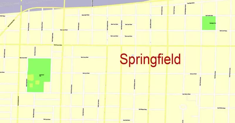 Printable Map Springfield, Missouri, US, exact vector street G-View Level 17 (100 meters scale) map, V.16.12. fully editable, Adobe Illustrator, full vector, scalable, editable text format of street names, 4 Mb ZIP.