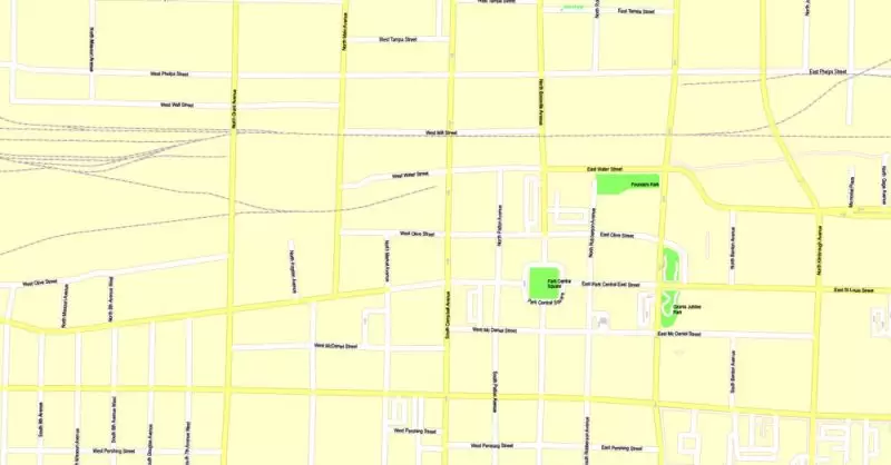Printable Map Springfield, Missouri, US, exact vector street G-View Level 17 (100 meters scale) map, V.16.12. fully editable, Adobe Illustrator, full vector, scalable, editable text format of street names, 4 Mb ZIP.