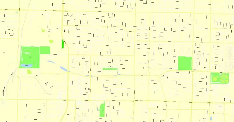 Printable Map Springfield, Missouri, US, exact vector street G-View Level 17 (100 meters scale) map, V.16.12. fully editable, Adobe Illustrator, full vector, scalable, editable text format of street names, 4 Mb ZIP.