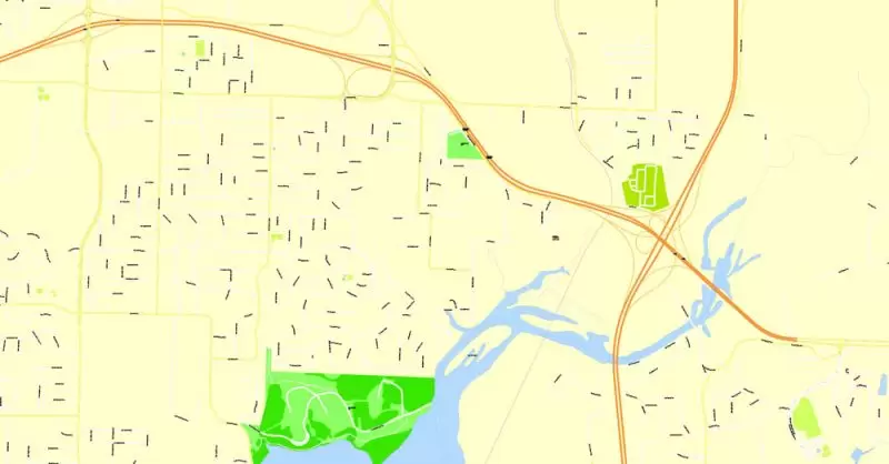 Printable Map Springfield, Missouri, US, exact vector street G-View Level 17 (100 meters scale) map, V.16.12. fully editable, Adobe Illustrator, full vector, scalable, editable text format of street names, 4 Mb ZIP.