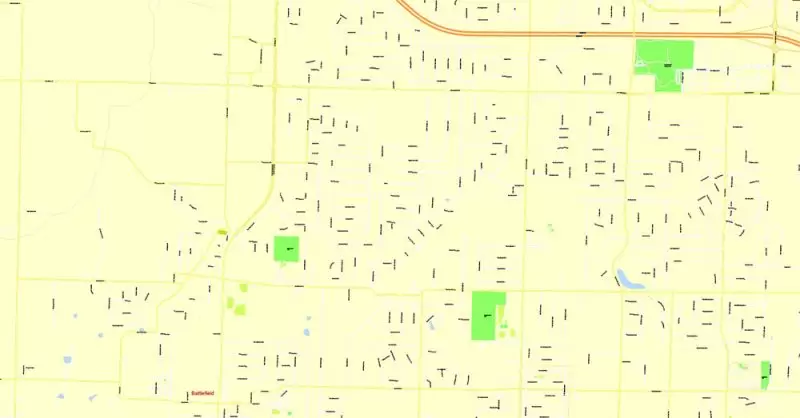 Printable Map Springfield, Missouri, US, exact vector street G-View Level 17 (100 meters scale) map, V.16.12. fully editable, Adobe Illustrator, full vector, scalable, editable text format of street names, 4 Mb ZIP.