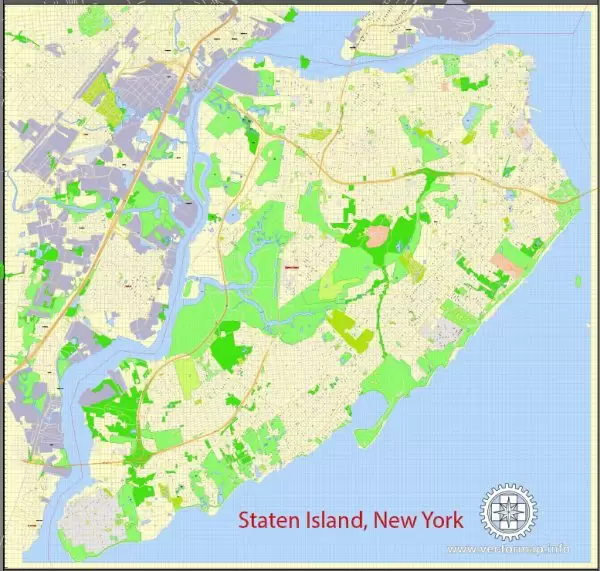 Printable Map Staten Island, New York, exact vector street G-View Level 17 (100 meters scale) map, V.08.12. fully editable, Adobe Illustrator, full vector, scalable, editable text format of street names, 3 Mb ZIP.