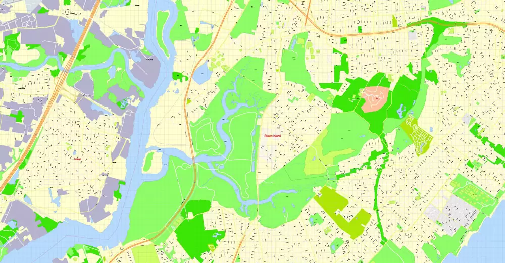 Printable Map Staten Island, New York, exact vector street G-View Level 17 (100 meters scale) map, V.08.12. fully editable, Adobe Illustrator, full vector, scalable, editable text format of street names, 3 Mb ZIP.