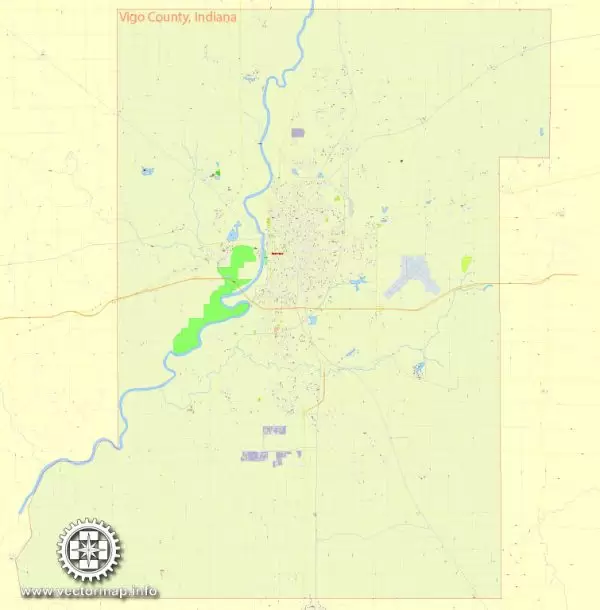 Printable Map Vigo County + Terre Haute Indiana, US, exact vector street G-View Level 17 (100 meters scale) map, V.08.12. fully editable, Adobe Illustrator, full vector, scalable, editable text format of street names, 2 Mb ZIP.