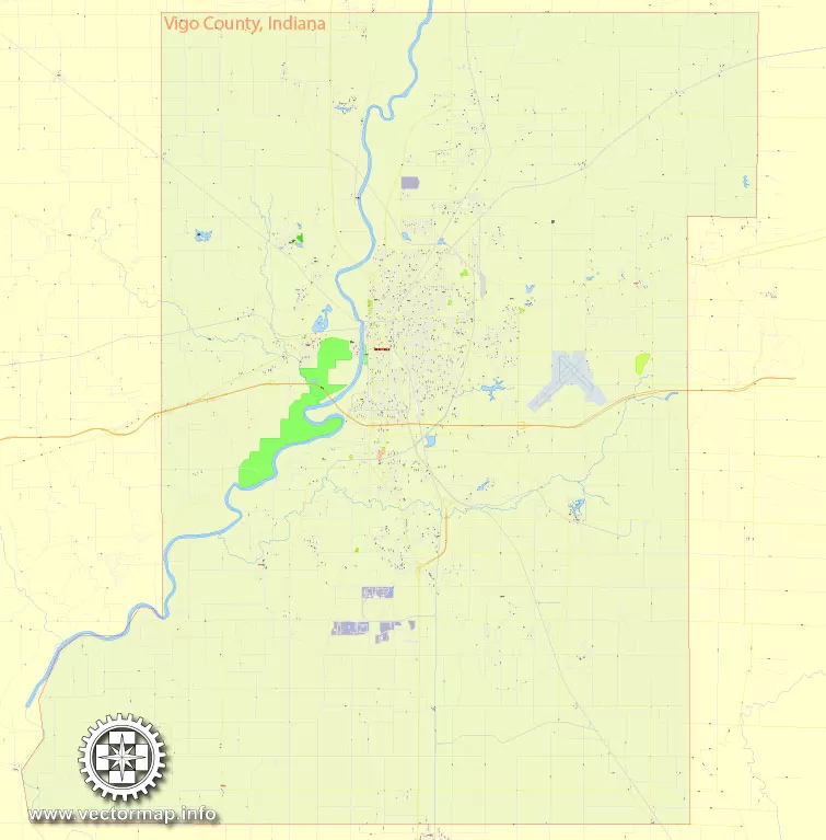 Printable Map Vigo County + Terre Haute Indiana, US, exact vector street G-View Level 17 (100 meters scale) map, V.08.12. fully editable, Adobe Illustrator, full vector, scalable, editable text format of street names, 2 Mb ZIP.