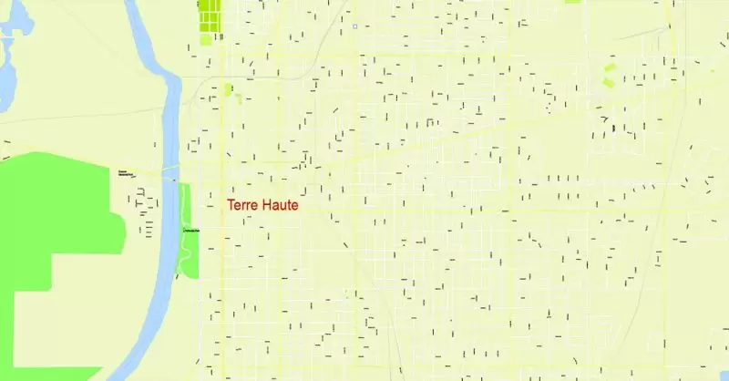 Printable Map Vigo County + Terre Haute Indiana, US, exact vector street G-View Level 17 (100 meters scale) map, V.08.12. fully editable, Adobe Illustrator, full vector, scalable, editable text format of street names, 2 Mb ZIP.