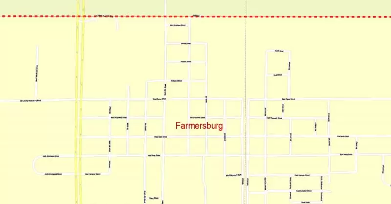 Printable Map Vigo County + Terre Haute Indiana, US, exact vector street G-View Level 17 (100 meters scale) map, V.08.12. fully editable, Adobe Illustrator, full vector, scalable, editable text format of street names, 2 Mb ZIP.