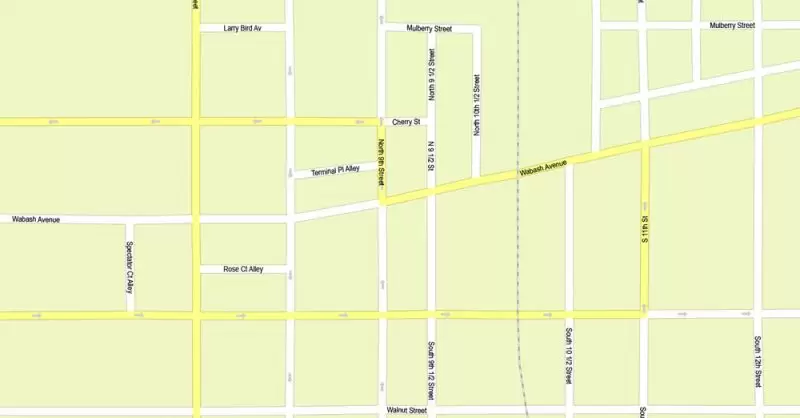 Printable Map Vigo County + Terre Haute Indiana, US, exact vector street G-View Level 17 (100 meters scale) map, V.08.12. fully editable, Adobe Illustrator, full vector, scalable, editable text format of street names, 2 Mb ZIP.