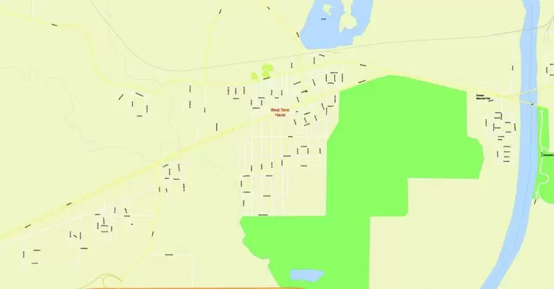 Printable Map Vigo County + Terre Haute Indiana, US, exact vector street G-View Level 17 (100 meters scale) map, V.08.12. fully editable, Adobe Illustrator, full vector, scalable, editable text format of street names, 2 Mb ZIP.