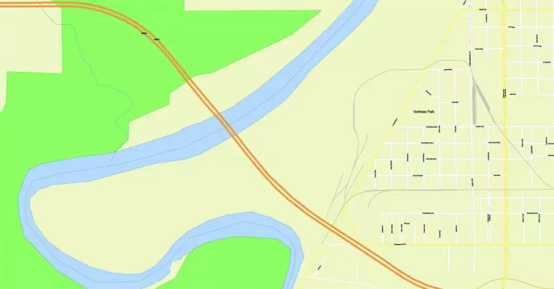 Printable Map Vigo County + Terre Haute Indiana, US, exact vector street G-View Level 17 (100 meters scale) map, V.08.12. fully editable, Adobe Illustrator, full vector, scalable, editable text format of street names, 2 Mb ZIP.