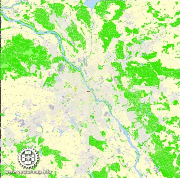 Printable Map Warsaw (Warszawa), Poland, exact vector street G-View Level 17 (100 meters scale) map, V.08.12. fully editable, Adobe Illustrator, full vector, scalable, editable text (pol) format of street names, 46 Mb ZIP.
