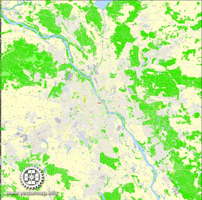 Printable Map Warsaw (Warszawa), Poland, exact vector street G-View Level 17 (100 meters scale) map, V.08.12. fully editable, Adobe Illustrator, full vector, scalable, editable text (pol) format of street names, 46 Mb ZIP.