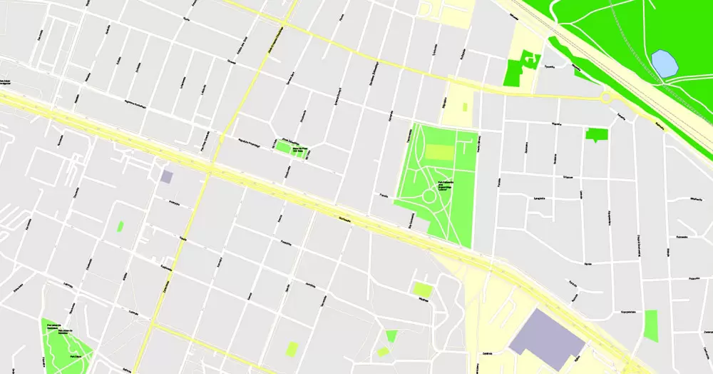 Printable Map Warsaw (Warszawa), Poland, exact vector street G-View Level 17 (100 meters scale) map, V.08.12. fully editable, Adobe Illustrator, full vector, scalable, editable text (pol) format of street names, 46 Mb ZIP.
