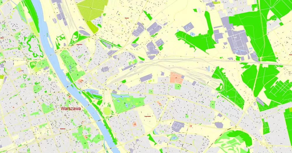 Printable Map Warsaw (Warszawa), Poland, exact vector street G-View Level 17 (100 meters scale) map, V.08.12. fully editable, Adobe Illustrator, full vector, scalable, editable text (pol) format of street names, 46 Mb ZIP.