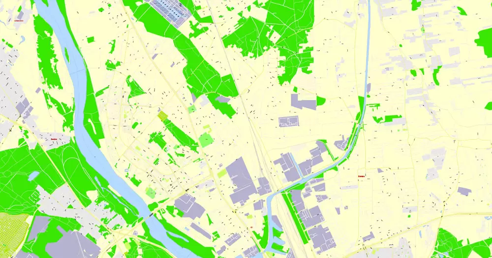 Printable Map Warsaw (Warszawa), Poland, exact vector street G-View Level 17 (100 meters scale) map, V.08.12. fully editable, Adobe Illustrator, full vector, scalable, editable text (pol) format of street names, 46 Mb ZIP.