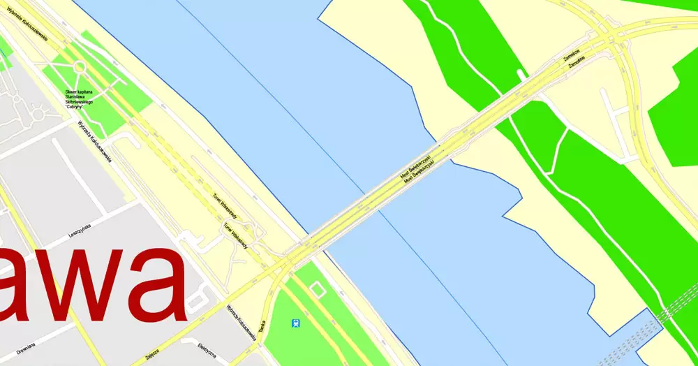 Printable Map Warsaw (Warszawa), Poland, exact vector street G-View Level 17 (100 meters scale) map, V.08.12. fully editable, Adobe Illustrator, full vector, scalable, editable text (pol) format of street names, 46 Mb ZIP.