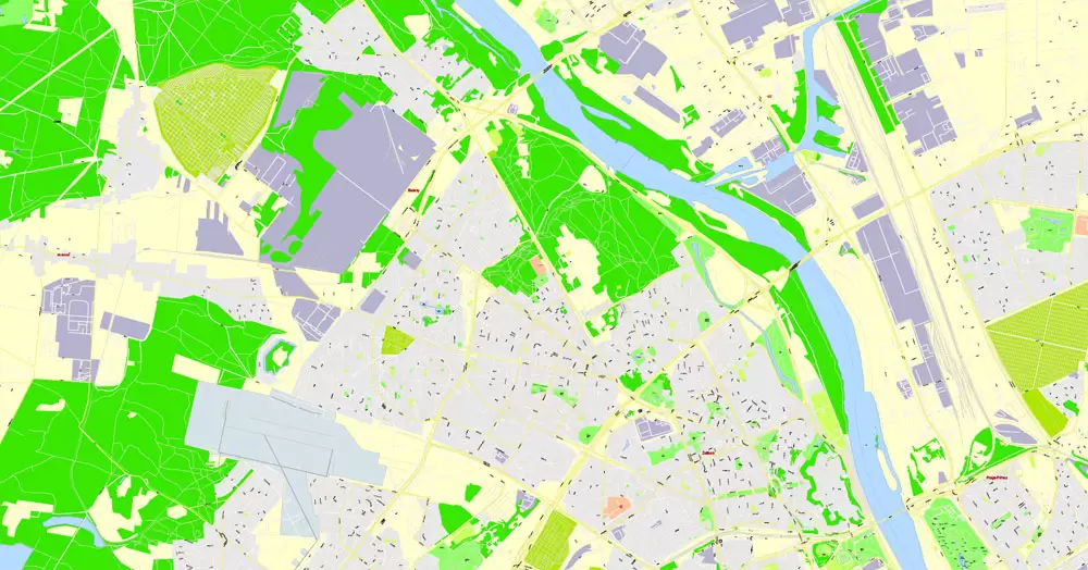 Printable Map Warsaw (Warszawa), Poland, exact vector street G-View Level 17 (100 meters scale) map, V.08.12. fully editable, Adobe Illustrator, full vector, scalable, editable text (pol) format of street names, 46 Mb ZIP.
