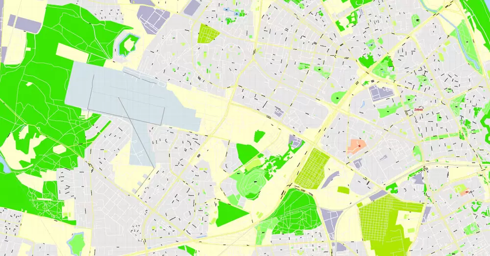 Printable Map Warsaw (Warszawa), Poland, exact vector street G-View Level 17 (100 meters scale) map, V.08.12. fully editable, Adobe Illustrator, full vector, scalable, editable text (pol) format of street names, 46 Mb ZIP.