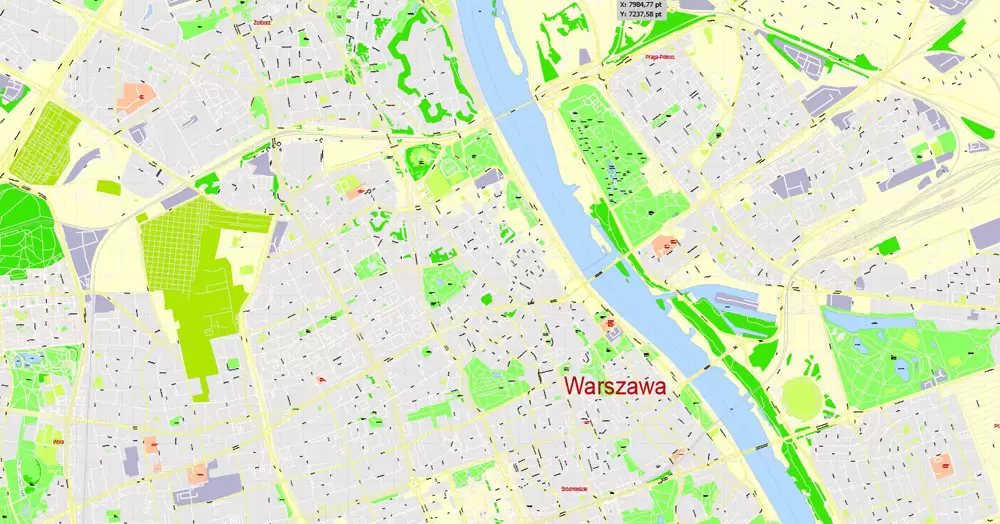 Printable Map Warsaw (Warszawa), Poland, exact vector street G-View Level 17 (100 meters scale) map, V.08.12. fully editable, Adobe Illustrator, full vector, scalable, editable text (pol) format of street names, 46 Mb ZIP.