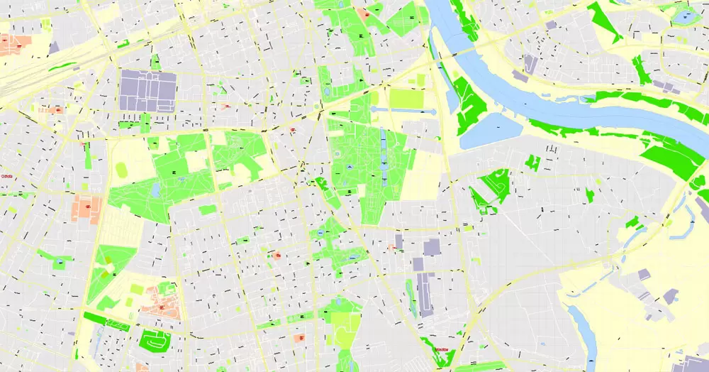 Printable Map Warsaw (Warszawa), Poland, exact vector street G-View Level 17 (100 meters scale) map, V.08.12. fully editable, Adobe Illustrator, full vector, scalable, editable text (pol) format of street names, 46 Mb ZIP.