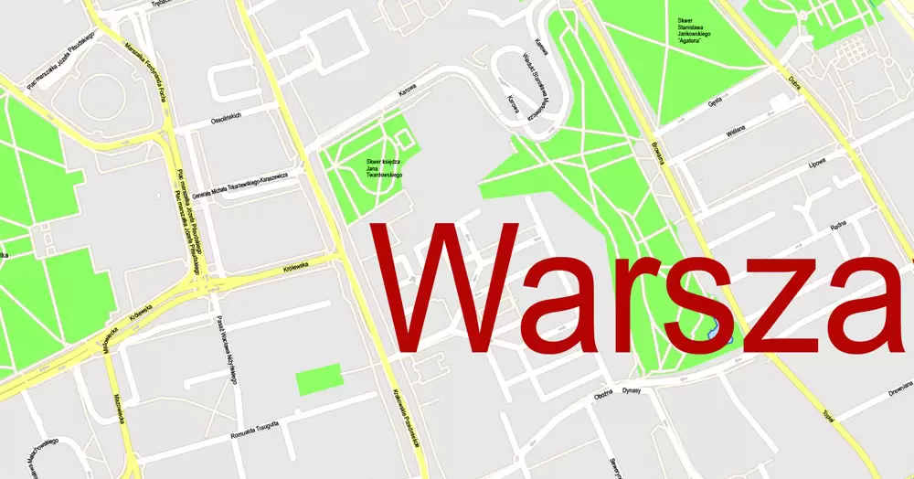 Printable Map Warsaw (Warszawa), Poland, exact vector street G-View Level 17 (100 meters scale) map, V.08.12. fully editable, Adobe Illustrator, full vector, scalable, editable text (pol) format of street names, 46 Mb ZIP.