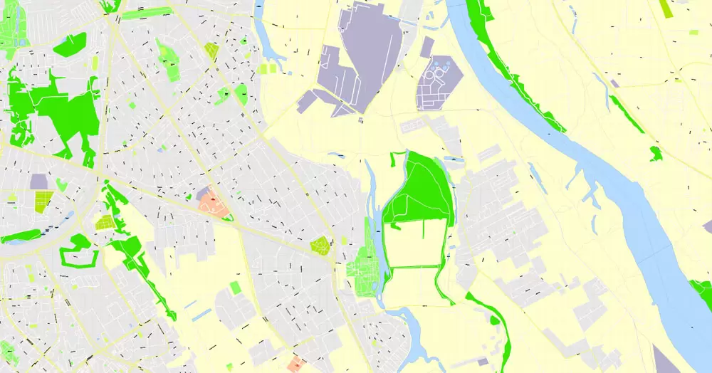 Printable Map Warsaw (Warszawa), Poland, exact vector street G-View Level 17 (100 meters scale) map, V.08.12. fully editable, Adobe Illustrator, full vector, scalable, editable text (pol) format of street names, 46 Mb ZIP.