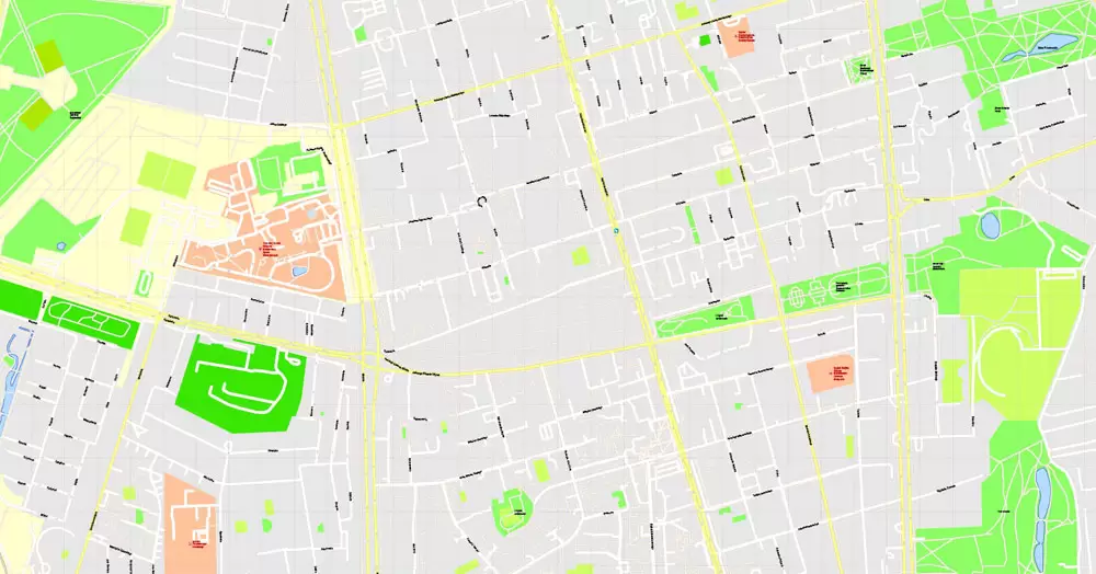 Printable Map Warsaw (Warszawa), Poland, exact vector street G-View Level 17 (100 meters scale) map, V.08.12. fully editable, Adobe Illustrator, full vector, scalable, editable text (pol) format of street names, 46 Mb ZIP.