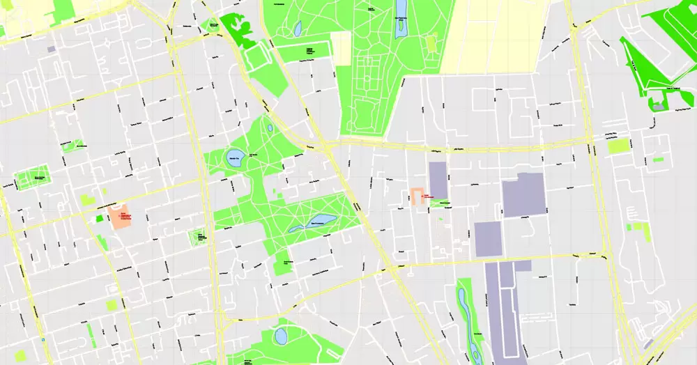Printable Map Warsaw (Warszawa), Poland, exact vector street G-View Level 17 (100 meters scale) map, V.08.12. fully editable, Adobe Illustrator, full vector, scalable, editable text (pol) format of street names, 46 Mb ZIP.