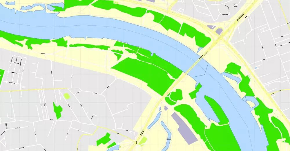 Printable Map Warsaw (Warszawa), Poland, exact vector street G-View Level 17 (100 meters scale) map, V.08.12. fully editable, Adobe Illustrator, full vector, scalable, editable text (pol) format of street names, 46 Mb ZIP.
