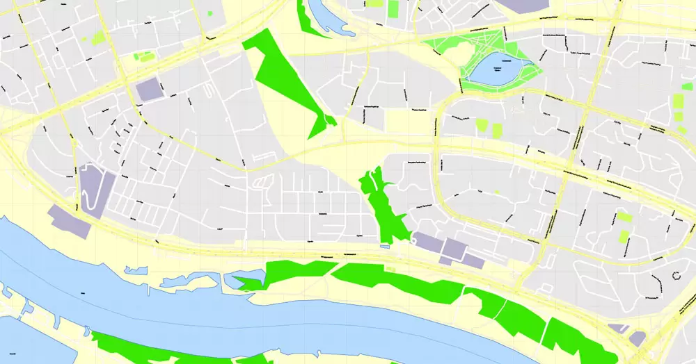 Printable Map Warsaw (Warszawa), Poland, exact vector street G-View Level 17 (100 meters scale) map, V.08.12. fully editable, Adobe Illustrator, full vector, scalable, editable text (pol) format of street names, 46 Mb ZIP.