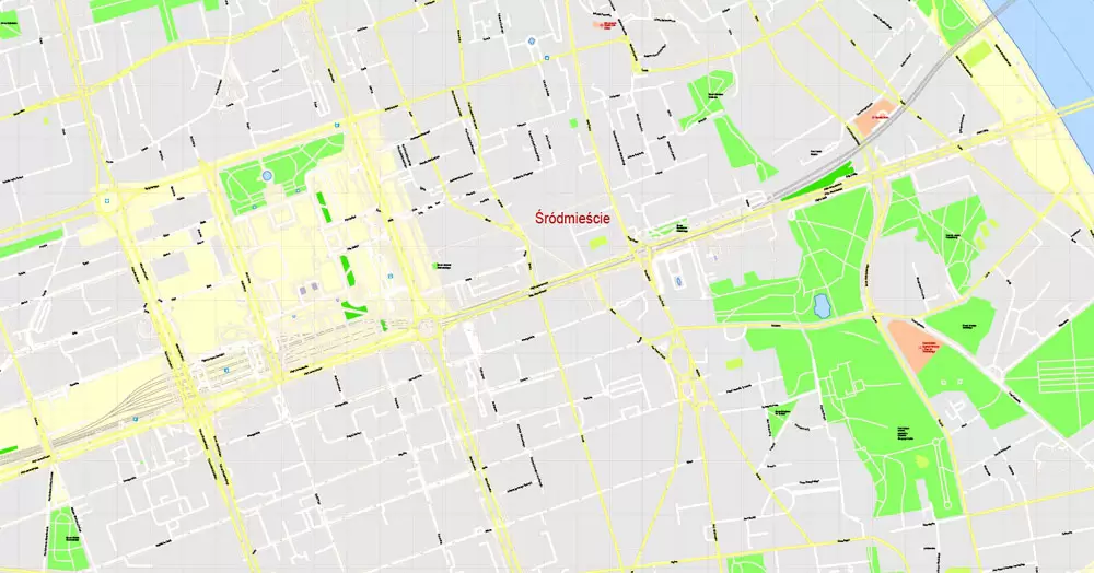 Printable Map Warsaw (Warszawa), Poland, exact vector street G-View Level 17 (100 meters scale) map, V.08.12. fully editable, Adobe Illustrator, full vector, scalable, editable text (pol) format of street names, 46 Mb ZIP.