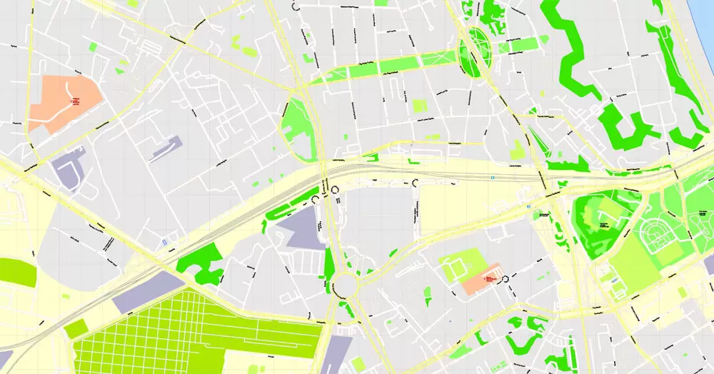 Printable Map Warsaw (Warszawa), Poland, exact vector street G-View Level 17 (100 meters scale) map, V.08.12. fully editable, Adobe Illustrator, full vector, scalable, editable text (pol) format of street names, 46 Mb ZIP.