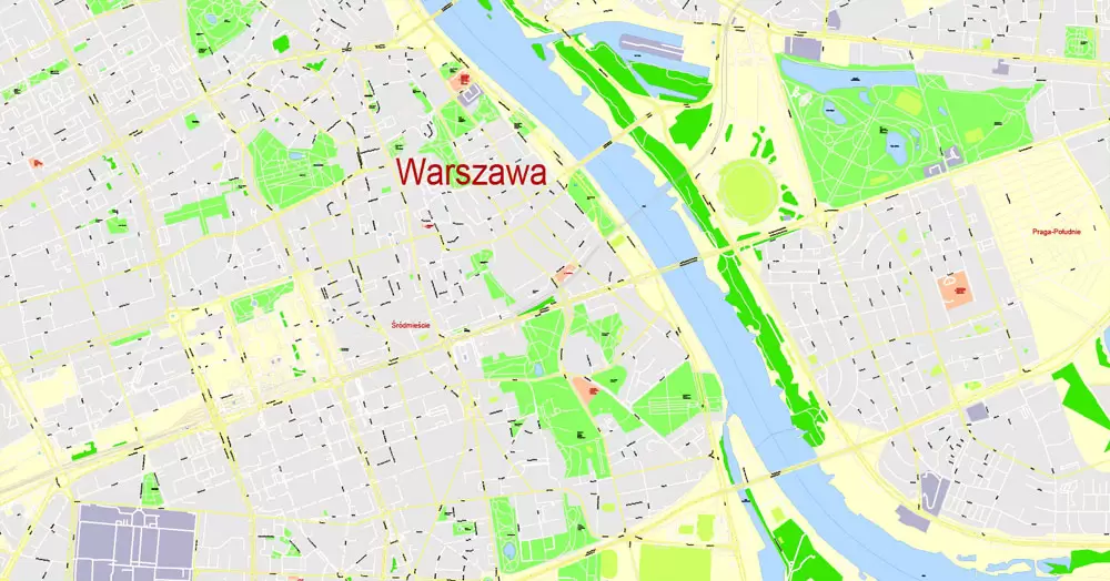 Printable Map Warsaw (Warszawa), Poland, exact vector street G-View Level 17 (100 meters scale) map, V.08.12. fully editable, Adobe Illustrator, full vector, scalable, editable text (pol) format of street names, 46 Mb ZIP.