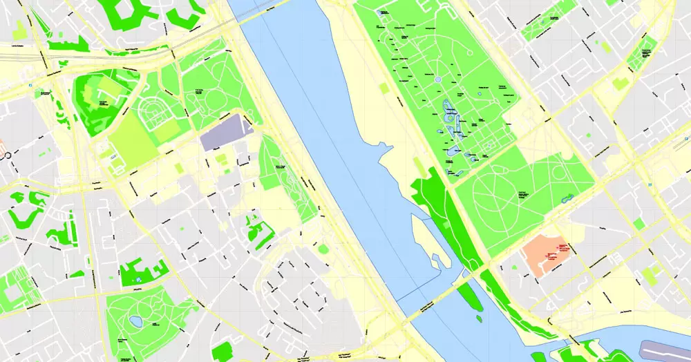 Printable Map Warsaw (Warszawa), Poland, exact vector street G-View Level 17 (100 meters scale) map, V.08.12. fully editable, Adobe Illustrator, full vector, scalable, editable text (pol) format of street names, 46 Mb ZIP.
