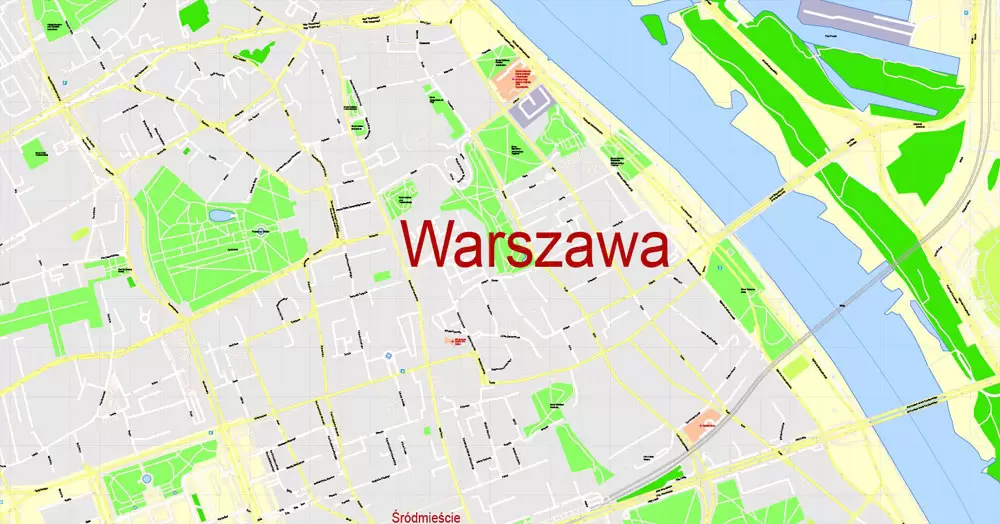 Printable Map Warsaw (Warszawa), Poland, exact vector street G-View Level 17 (100 meters scale) map, V.08.12. fully editable, Adobe Illustrator, full vector, scalable, editable text (pol) format of street names, 46 Mb ZIP.