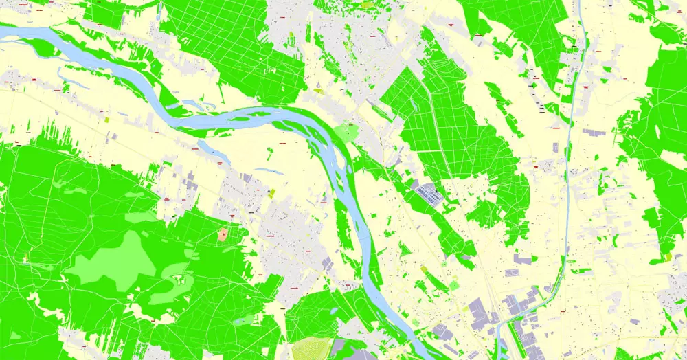 Printable Map Warsaw (Warszawa), Poland, exact vector street G-View Level 17 (100 meters scale) map, V.08.12. fully editable, Adobe Illustrator, full vector, scalable, editable text (pol) format of street names, 46 Mb ZIP.