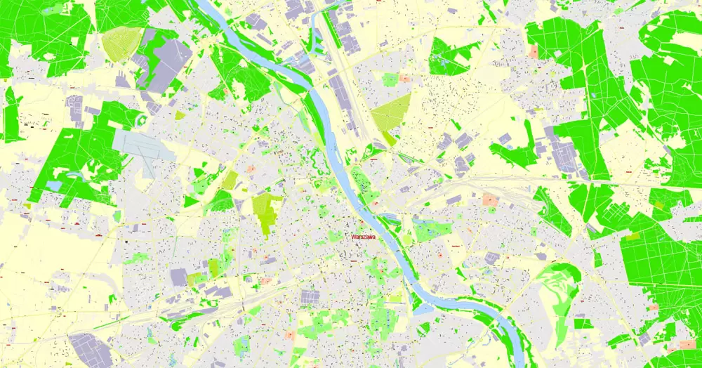 Printable Map Warsaw (Warszawa), Poland, exact vector street G-View Level 17 (100 meters scale) map, V.08.12. fully editable, Adobe Illustrator, full vector, scalable, editable text (pol) format of street names, 46 Mb ZIP.