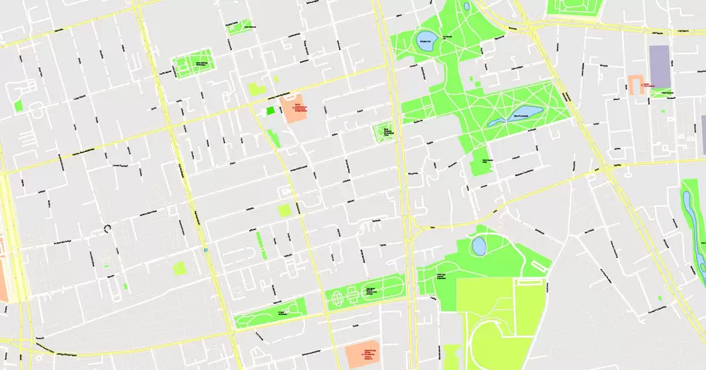 Printable Map Warsaw (Warszawa), Poland, exact vector street G-View Level 17 (100 meters scale) map, V.08.12. fully editable, Adobe Illustrator, full vector, scalable, editable text (pol) format of street names, 46 Mb ZIP.