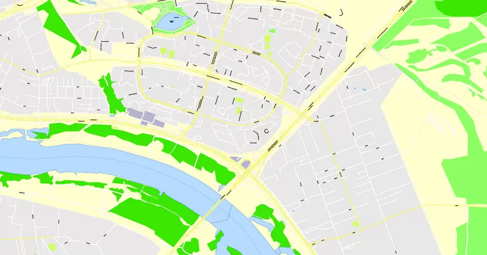 Printable Map Warsaw (Warszawa), Poland, exact vector street G-View Level 17 (100 meters scale) map, V.08.12. fully editable, Adobe Illustrator, full vector, scalable, editable text (pol) format of street names, 46 Mb ZIP.