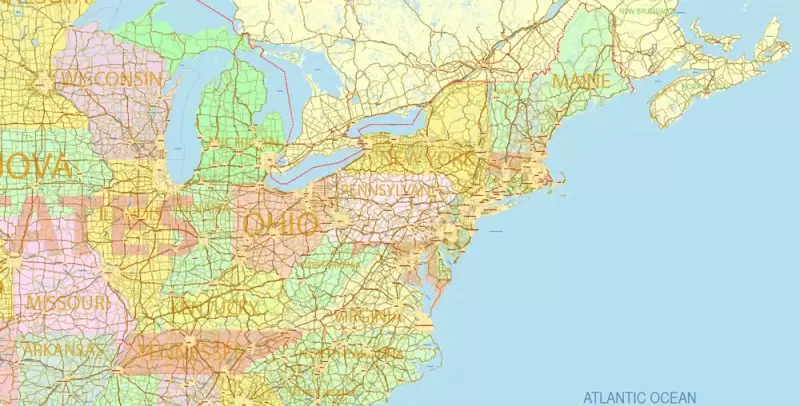 Printable Vector Map US Canada part of Mexico all Roads, Cities, States, all names, V.9. fully editable in layers, Adobe Illustrator