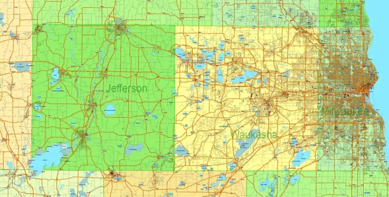 Map Wisconsin State US, exact extra detailed All Roads, Cities and Counties