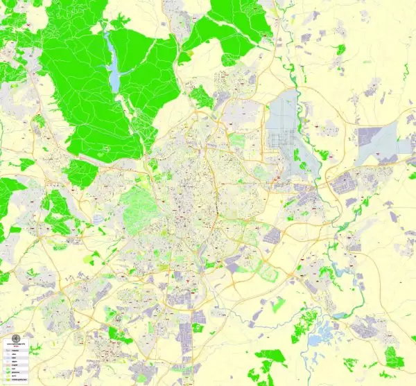 Printable Map Madrid, Spain, exact vector street G-View Level 17 (100 meters scale) map, V.31.12. fully editable, Adobe Illustrator, full vector, scalable, editable text format of street names, 22 Mb ZIP.