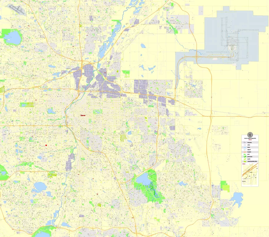 Printable Map Denver, Coporado, US, exact vector street G-View Plan City Level 17 (100 meters scale) map, V.08.01. fully editable, Adobe Illustrator, full vector, scalable, editable text format of street names, 24 Mb ZIP.