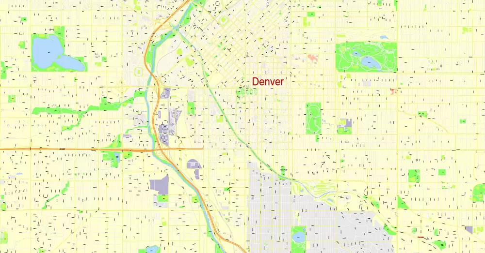 Printable Map Denver, Coporado, US, exact vector street G-View Plan City Level 17 (100 meters scale) map, V.08.01. fully editable, Adobe Illustrator, full vector, scalable, editable text format of street names, 24 Mb ZIP.